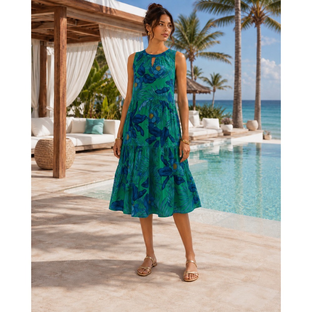 NAUTICA JEANS Women's New 10 Midi Dress Green Blue Tropical Floral Tiered Cotton